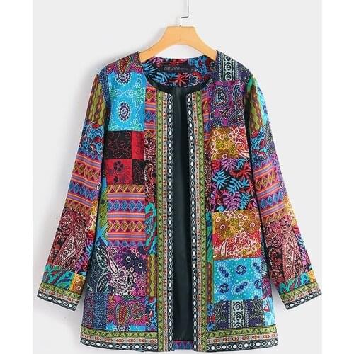 Autumn Winter Women Casual Vintage Outerwears O-neck Fashion Ethnic Printed Loose Cardigan Long Sleeve Open Stitch Jackets