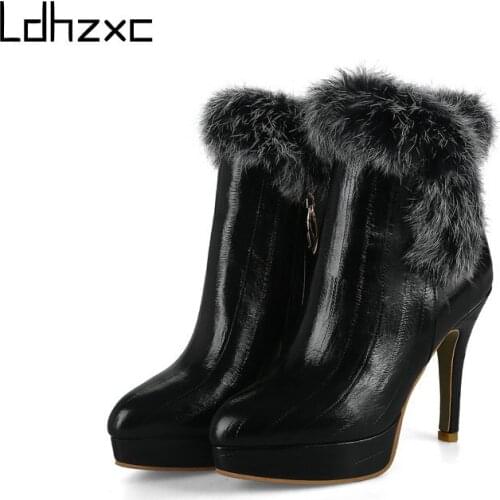 LDHZXC PU Leather Autumn Winter Ladies Boots Zipper Motorcycle Ankle Boots Thin High Heel Quality Women Shoes Size 34-46
