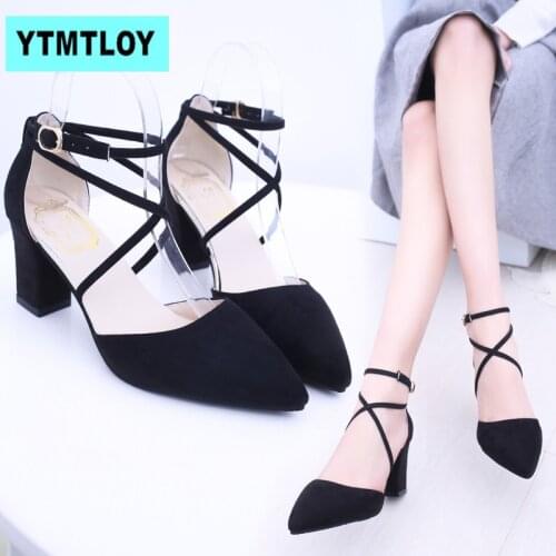 2019 new summer pointed thick with womens shoes cross with comfortable versatile hollow high heels frosted sandals