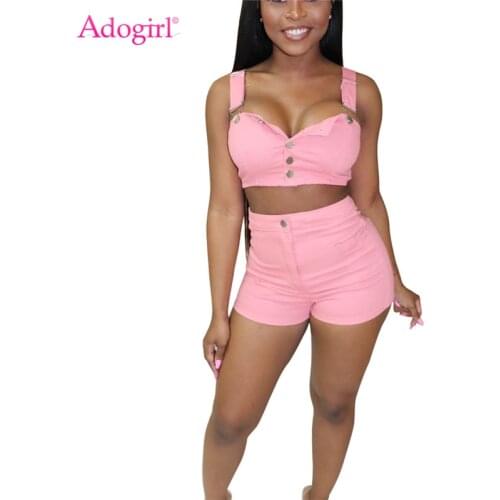 Adogirl Women Fashion Jeans Two Piece Set Buttons Spaghetti Straps Crop Top + Skinny Shorts Sexy Casual Denim Suit Club Outfits