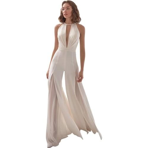 Sexy Halter Jumpsuit Women 2021 Sleeveless Casual Trousers Wide Legs Pants Summer Feminina White Backless Jumpsuits LD1643