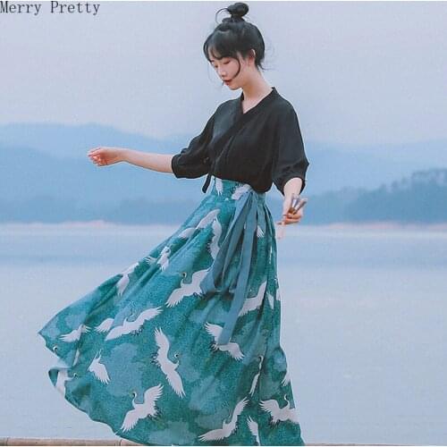 Womens Two Piece Set Short Sleeve Chiffon Tops And Cartoon Print Skirt Hight Waist Mid-calf Pleated Skirt Sets Clothes For Women