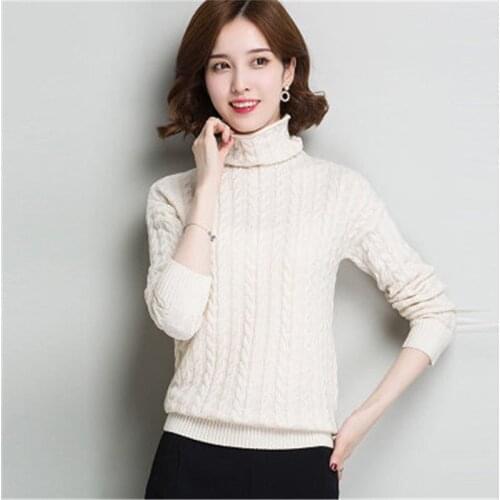 100% wool thick jacquard knit women fashion turtleneck solid pullover sweater beige 4color M-2XL