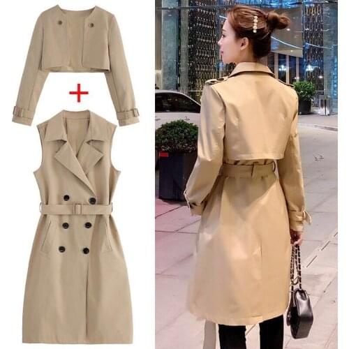 Womens Trench Coat 2021New Bouble-breasted High-end Winedbreaker With Belt Autumn British Style Two-piece Set Khaki Black B1034