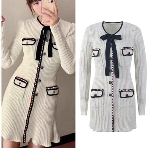 Brand Design Sweater Dresses Women Mini Dress O-Neck Bow Lurex Fashion Robes Vestidos Casual Long Sleeve 2021 Autumn Korean Lady