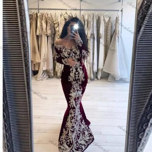 Sexy Burgundy Velvet Evening Dress Long-Sleeves Off-the-shoulder Floor-Length A-line Prom Dresses robe de soiree