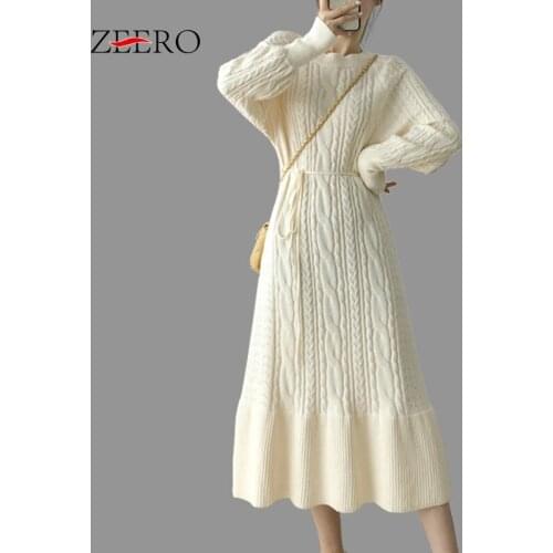 Korean Autumn Winter Women Long Batwing Sleeve Loose Sweater Dress Elegant Female Lace Up Ruffles Oversized Maxi Knitted Dresses