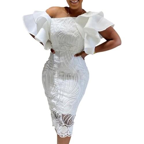 Evening Long Africa Dress Women Ruffle Sleeve High Waist Sexy Skew Neck Summer New Solid Elegant African Party Dresses Vestidos