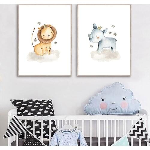 Abstract Cartoon Animals Canvas Painting Prints Wall Decorative Pictures for Kids Room Bedroom Cute Tiger Lion Elephant Posters