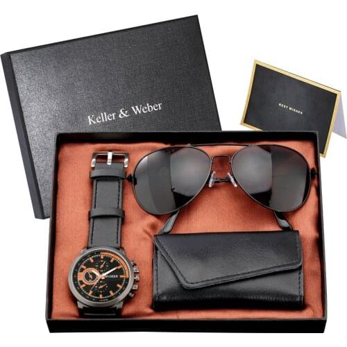 Watch Wallet Gift Set Black Business Quartz Watch Leather Multifunctional Car Key Case Fashion Sunglasses Best Gifts For Husband