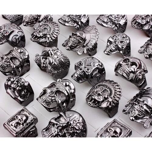 Wholesale Bulk 5Pcs Assorted Big Gothic Punk Skull Head Biker Tibet Black Alloy Finger Ring Band Men Women Party Valentine Gift