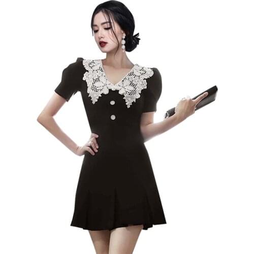 Black A line Dresses one piece lace Summer Short Sleeve V neck cabaret party Dresses for women