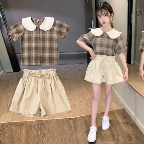 Girls' summer new plaid suits, big childrens shorts, childrens girls doll collar, western style Korean suit