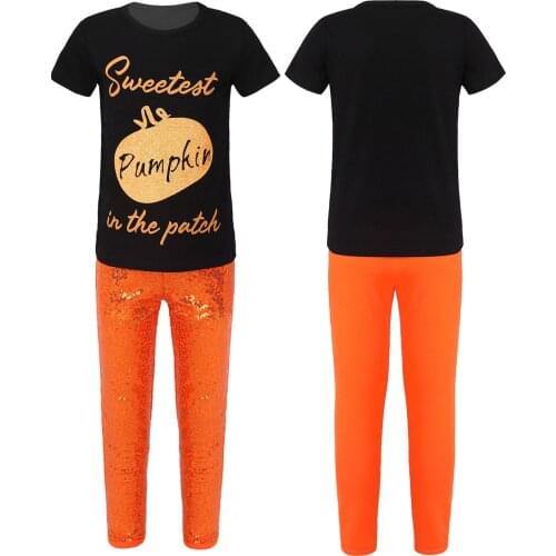 Cute Kids Baby Girls Halloween Party Costume Outfits Short Sleeve Pumpkin T Shirt Tops Sparkly Sequins Pants Clothes Set 2020