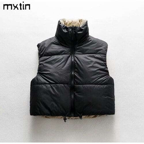 MXTIN 2021 Women Winter Fashion Solid Double-Sided Cotton Cropped Waistcoat Vintage Sleeveless Zipper Warm Female Outerwear Tops