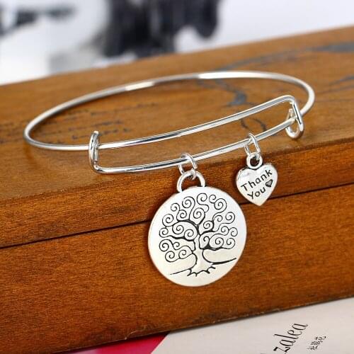 New Arrival Life Tree Thank You Heart Charms Bangle Bracelet Love Forever Family Gifts Women Wedding Jewelry Friends Bracelets