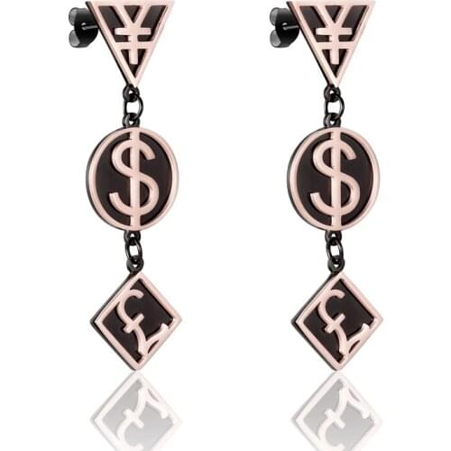 New Design Three Kinds Of Money Symbols Drop Earring Titanium Steel Plated Black and Rose Gold Jewelry Women Fashion Earring