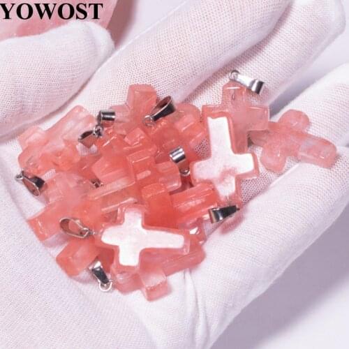 Wholesale 10Pcs/Lot Watermelon Crystal Natural Stone Charms Pendants Cross Shaped Dangle Beads QV0065