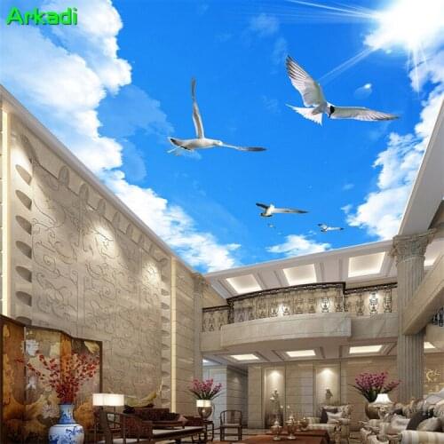 Custom 3D blue sky blue sky sky ceiling bird ceiling home decoration living room aisle roof wallpaper wall covering