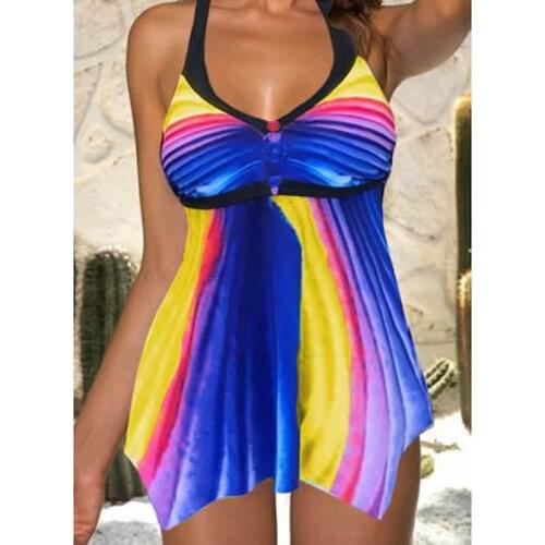 Rainbow Striped Swim Dress Polyester Halter Color Block Tankinis Swimwear Plus Size XXL Beachwear Female Swimsuits Women Bikini