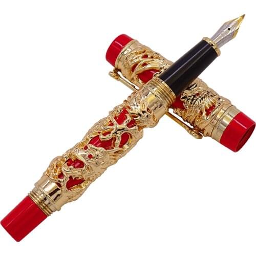 Jinhao Dragon Phoenix Vintage Luxury Calligraphy Pen Fountain Pen Bent Nib Full Metal Carving Golden & Red for Art Office Gift