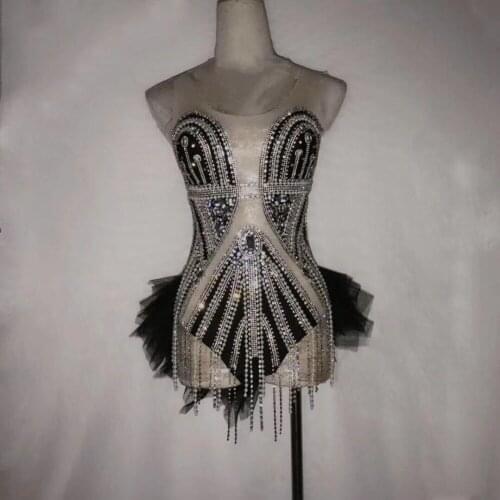 Sexy Silver Rhinestones Beading Fringe Bodysuit Women Singer Dancer Show Outfit Birthday Evening Prom Stage Bar Outfit