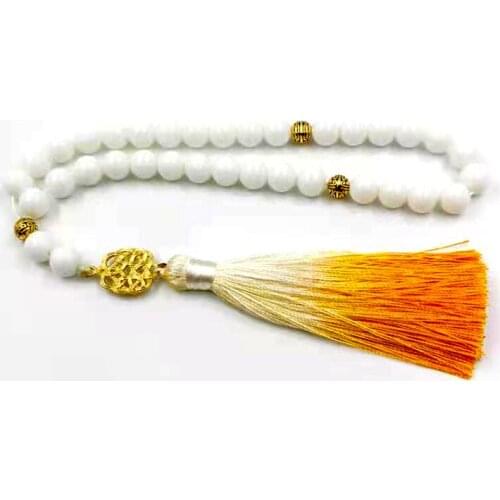 Tasbih White ceramic with yellow tassel Handmade Muslim Misbaha Rosary bead Bracelet arabic Eid Adha gift jewelry Accessories