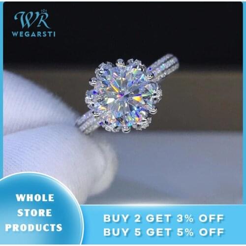 WEGARSTI Brand Luxury Created Moissanite Solitaire Rings Womens 925 Sterling Silver Micro Pave Rhinestone Wedding Band Rings