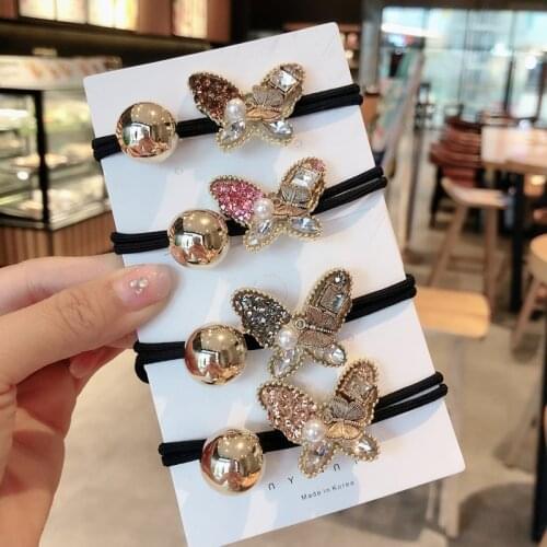 Crystal Alloy Pearl Butterfly Elastic Hair Bands For Women Hair Accessories Rubber Band Hair Ring Bee Hair Ties
