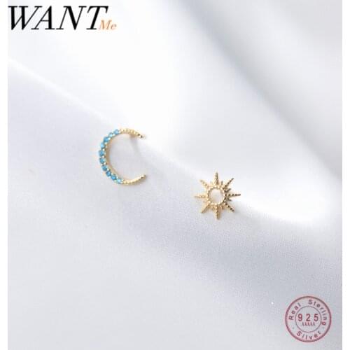 WANTME 925 Sterling Silver Fine Simple Blue Zircon Star Moon Small Stud Earrings for Women Unique Party Jewelry Accessories