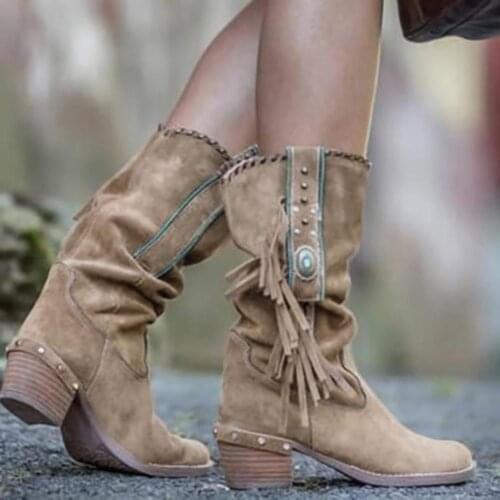 Women Knee High Boots High Heels Woman Booties Vintage PU Leather Tassels Plus Size Shoes Chaussures Femme Zapatos Mujer Sapato
