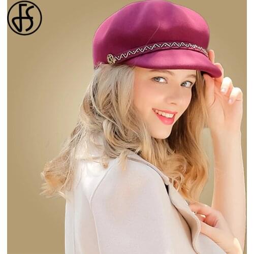 FS Winter Female French Beret Duckbill Cap Wool Felt Hats Autumn Retro Elegant Octagonal Caps Newsboy Warm Hat Grey Wine Red