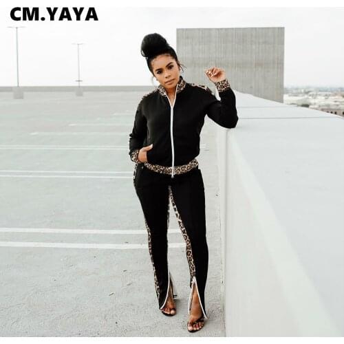 CM.YAYA Women Set Patchwork Full Sleeve Zipper Pockets Coats Stretchy Pants Two 2 Piece Sets Active Tracksuits Autumn Outfits