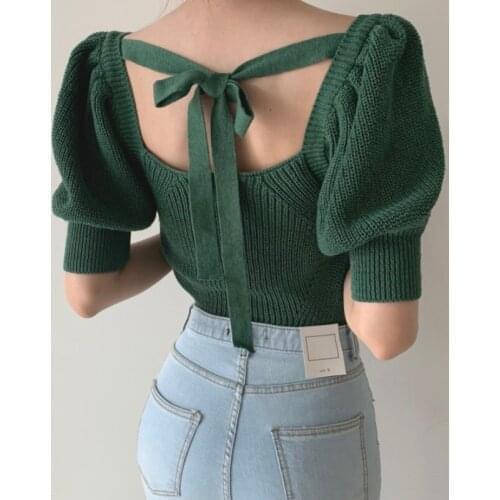 Elegant Retro Square Neck Sexy Backless Lace Up Slim Puffs Sleeve Sweater Pullover Womens Summer French Knit Shirt Streetwear