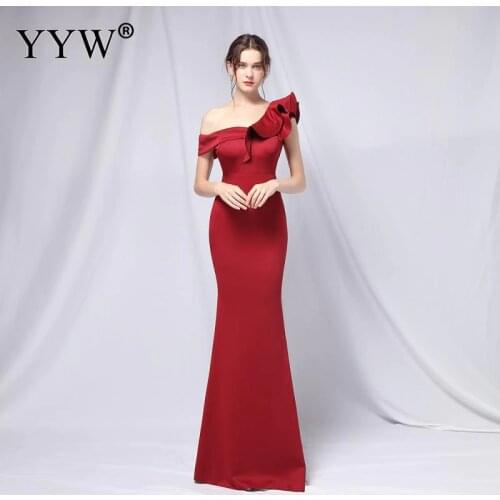Elegant Ruffles Formal Cocktail Party Dress Women Off One Shoulder Evening Dresses Long Mermaid Evening Dress Prom Robe Vestidos