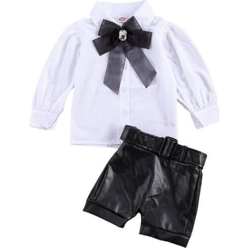 Infant Kids 1-6Years Baby Girls Fashion 2Pcs Outfits Long Sleeve Bowknot Tie Shirt PU Leather Shorts Spring Autumn Clothes