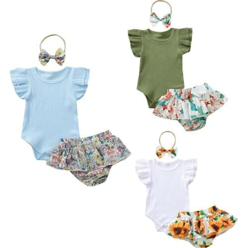 3 Colors Lovely Infant Baby Girls Clothes Sets Ruffles Sleeve Romper Tops Floral Shorts Headband