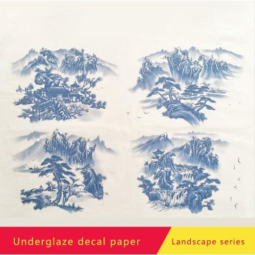 3pcs Pottery Clay Transfer Paper Underglaze Colored Flower Paper Blue and White Porcelain High Temperature Decal Paper Landscape