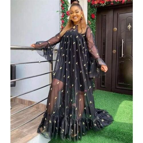 African Clothing Loose Dashiki Oversized Two Pieces Mesh Lace Long Dress Muslim Women Summer Long Sleeve Arabic Abaya Islamic