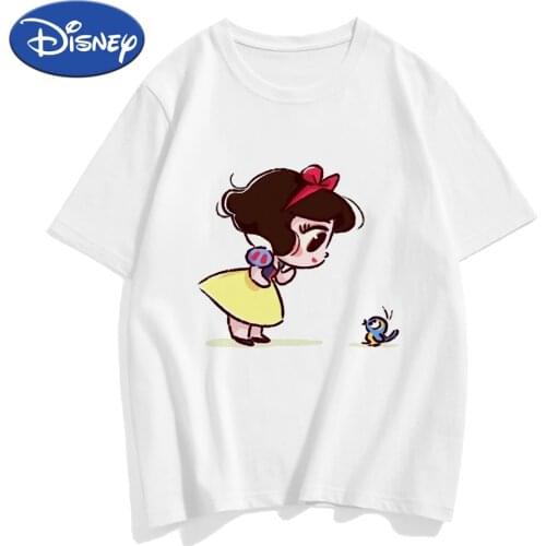 Disney Snow White Princess Series Women T-shirt Cartoon Short Sleeve Cute Princess and Little bird Printed Tshirt Clothes Top