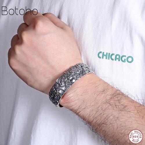 19MM Wide Cuff Bangles for Men Dragon Carved Ethnic Open Bangle 100% S925 Sterling Silver colour Buddhism Jewelry bracelet