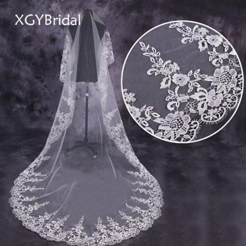 Appliqued Lace Edge Bridal Veils Fashion 3 Meters Long Tailed Lace Yarn Wedding Veil Ivory Wedding Accessories