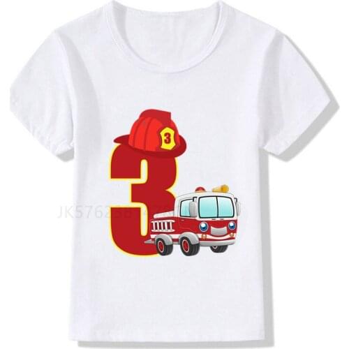 Boys/Girls Cool Firefighter Car Birthday Numbers T-Shirt Children Boys Happy Birthday T Shirt White T-Shirt Baby Girls Top 2021