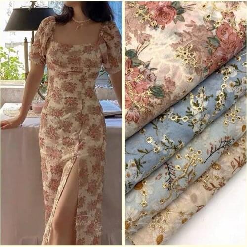 Exquisite embroidered chiffon fabric with small floral printed fabric sewing material for cheongsam high-end clothing