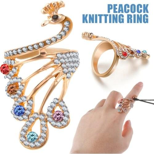 Peacock Sewing Ring Alloy Knitting Loop Rhinestone Decor Knitting Ring Durable Peacock Shape Ring Finger Decoration Sewing Tools