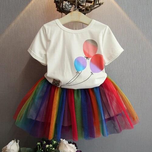 Summer girl cartoon short sleeve letter print T-shirt with rainbow skirt and mesh skirt two piece cute girl cat leopard suit