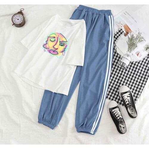 Fashion Sweatpants Women Baggy Set Cool Graphics Trousers Joggers Two Piece Set Women Summer Striped Pants Short Sleeve Suit