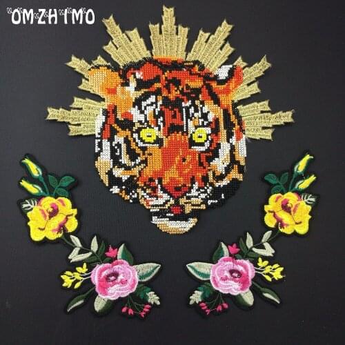 1 Set Embroidered Patch Cartoon Tiger Head Flower Garment Appliques Sew On Clothes Coat Accessory Stickers Patches