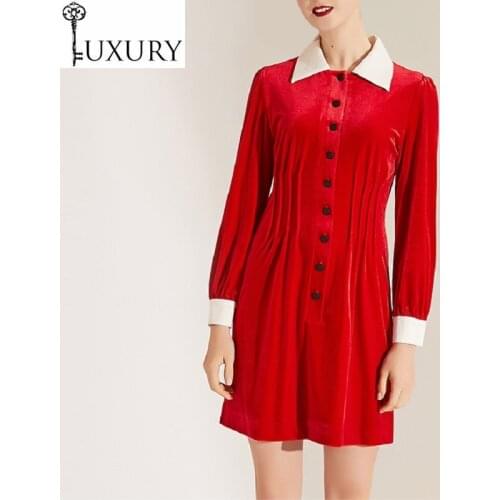 New Fashion Autumn Velvet Winter Party Christmas Women White Turn-down Collar Color Block Button Dress Special Event