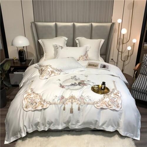 New Luxury White Soft Cozy Egyptian Cotton Retro Chinese Style Embroidery Bedding Set Duvet Cover Flat/Fitted Sheet Pillowcases